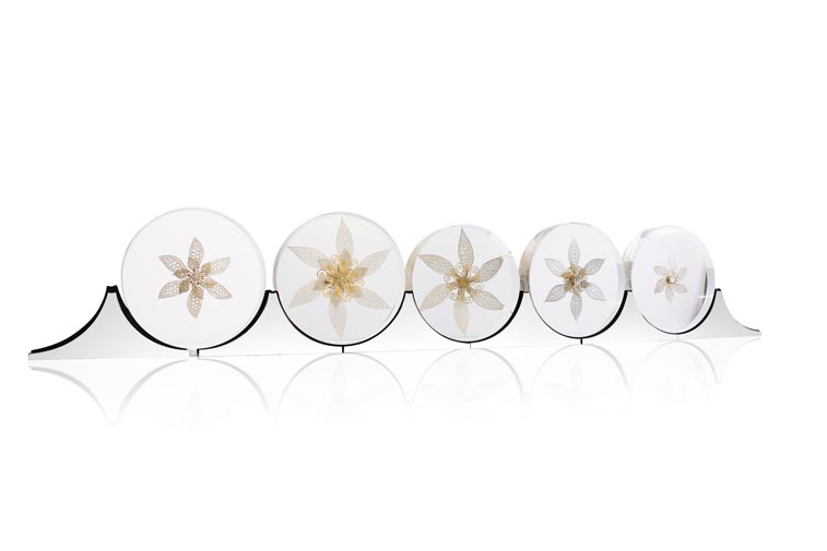 Lucite embedded stainless steel mechanical flower sculpture
