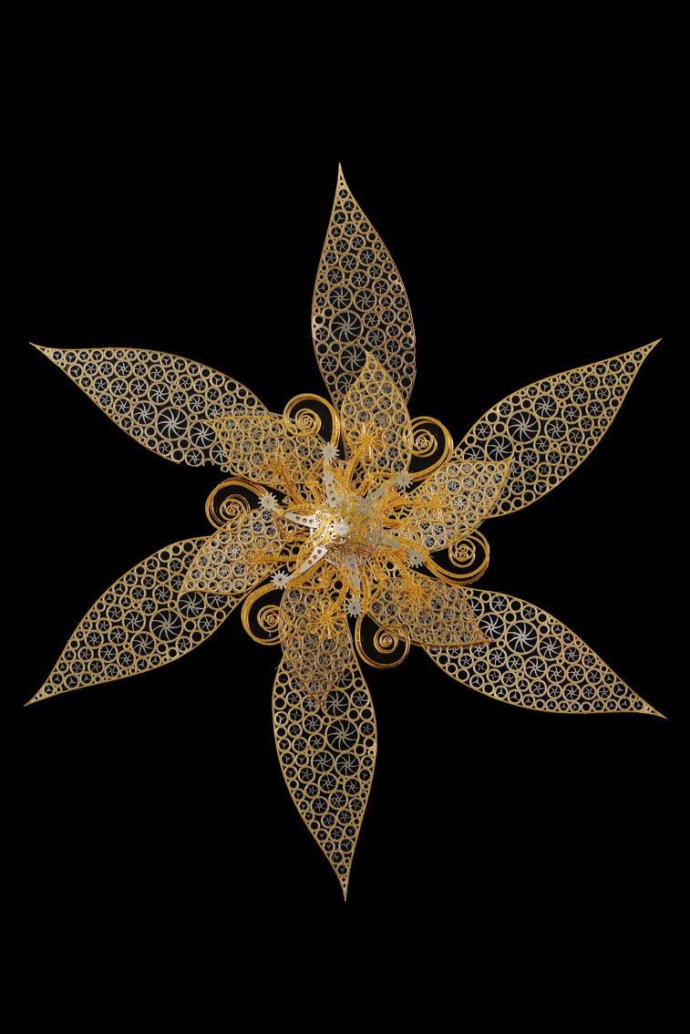 Lucite embedded stainless steel mechanical flower sculpture