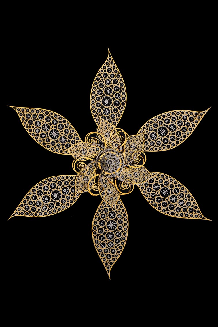 Lucite embedded stainless steel mechanical flower sculpture