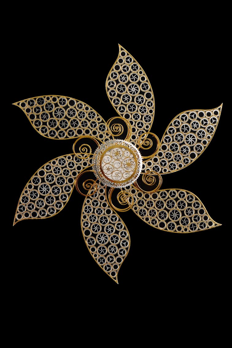 Lucite embedded stainless steel mechanical flower sculpture