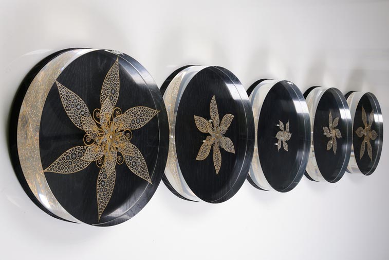 Lucite embedded stainless steel mechanical flower sculpture